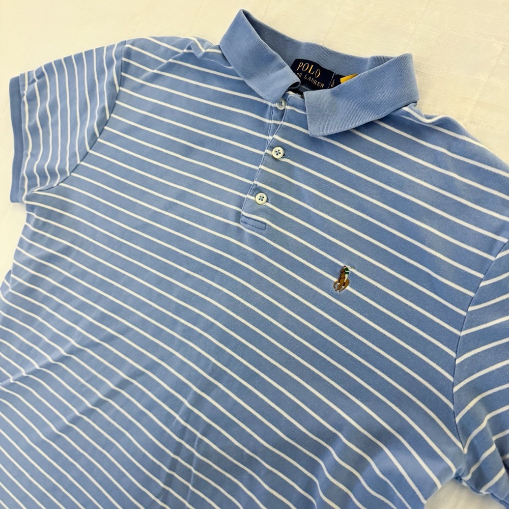 Polo Ralph Lauren Polo Shirt Mens MEDIUM Blue‎ And White Stripe Short Sleeve